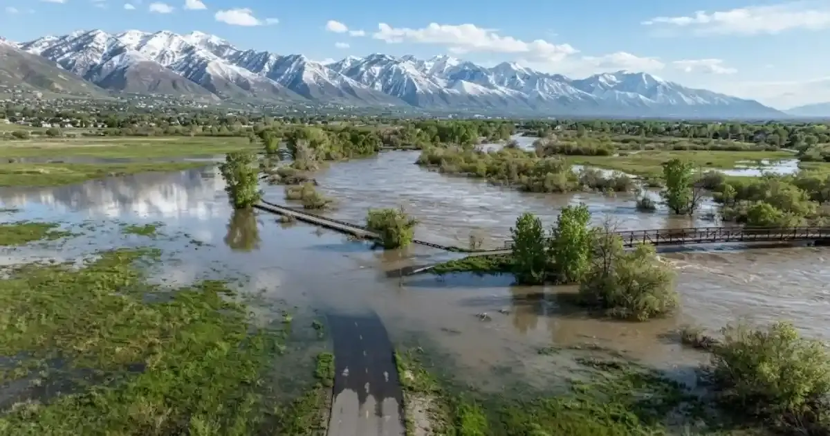 Spring snowmelt flooding along the Jordan River near West Valley City, UT